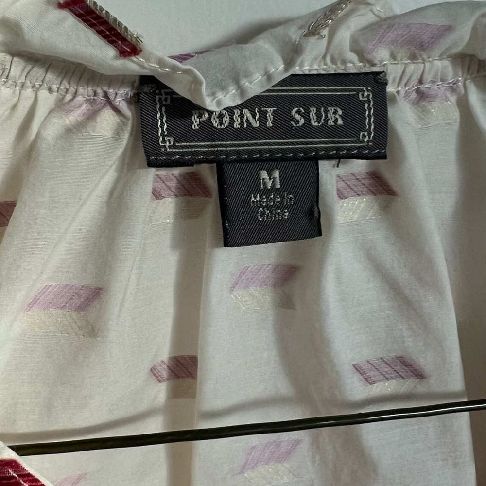 🕶️J.Crew Point Sur Metallic Embroidered Arrow Popover Blouse M pink/red/gold - Picture 6 of 9